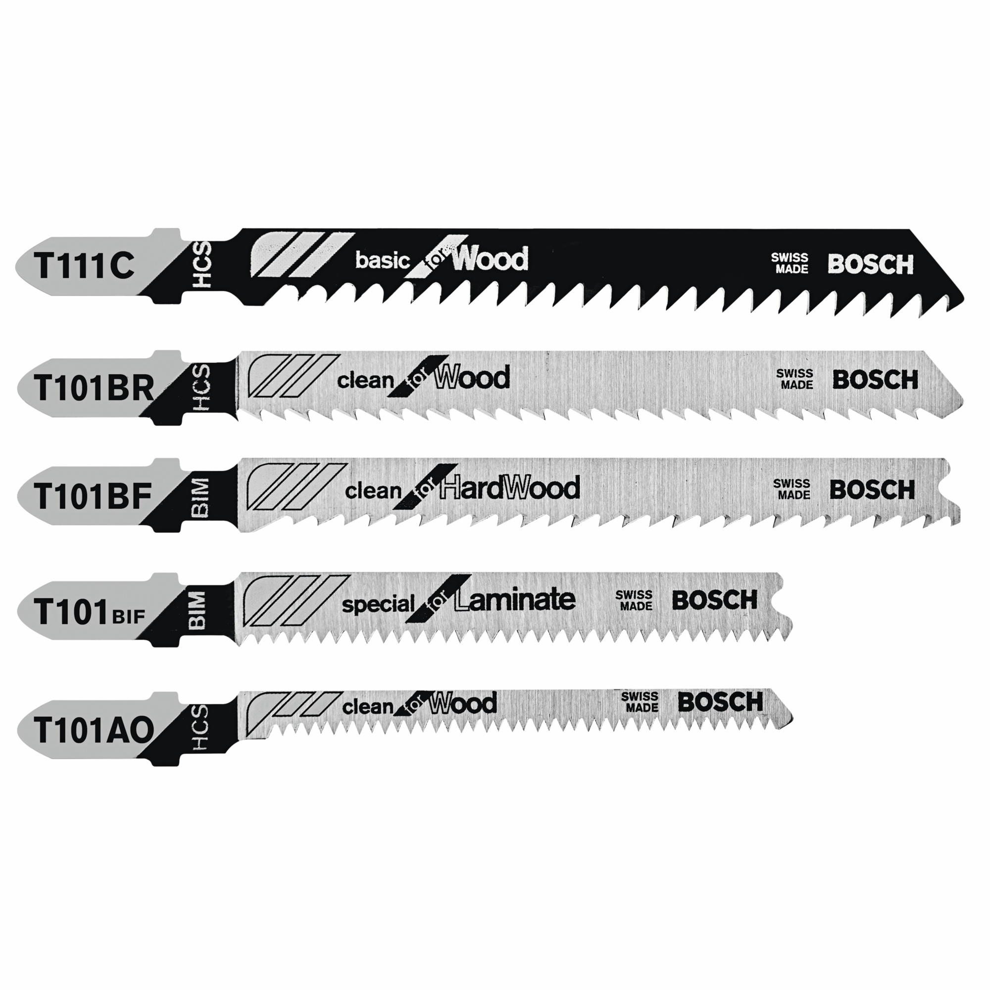 Bosch 5-Piece T-Shank Jig Saw Blade Set — Pro-Wood, Bi-Metal, High-Carbon Steel, Model# TPW005